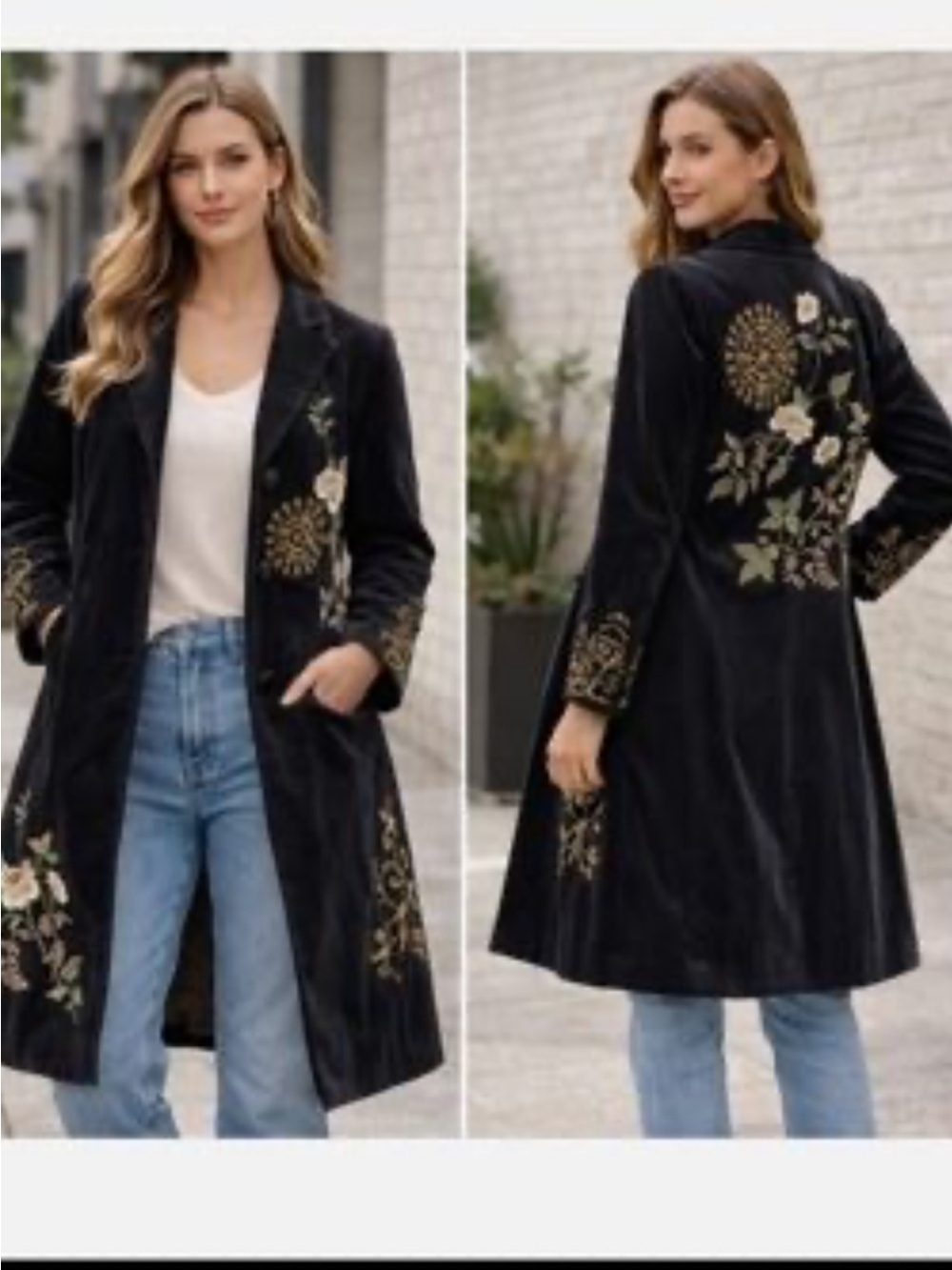 Cabi Antionette Black Embroidered Velvet Long Coat 2